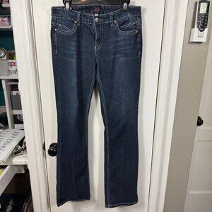2B Bebe dark denim bootcut jeans with rhinestone embellishment. Size 30